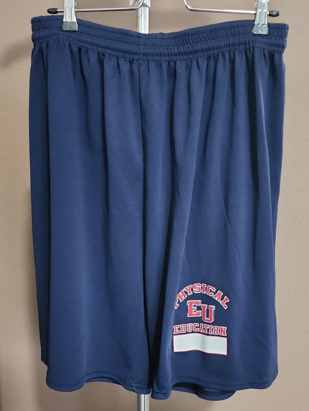 Men's Navy Athletic Shorts with 'Physical Education' Graphic
